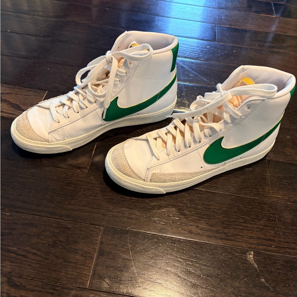 Nike White High-Top Blazets with Green Swoosh